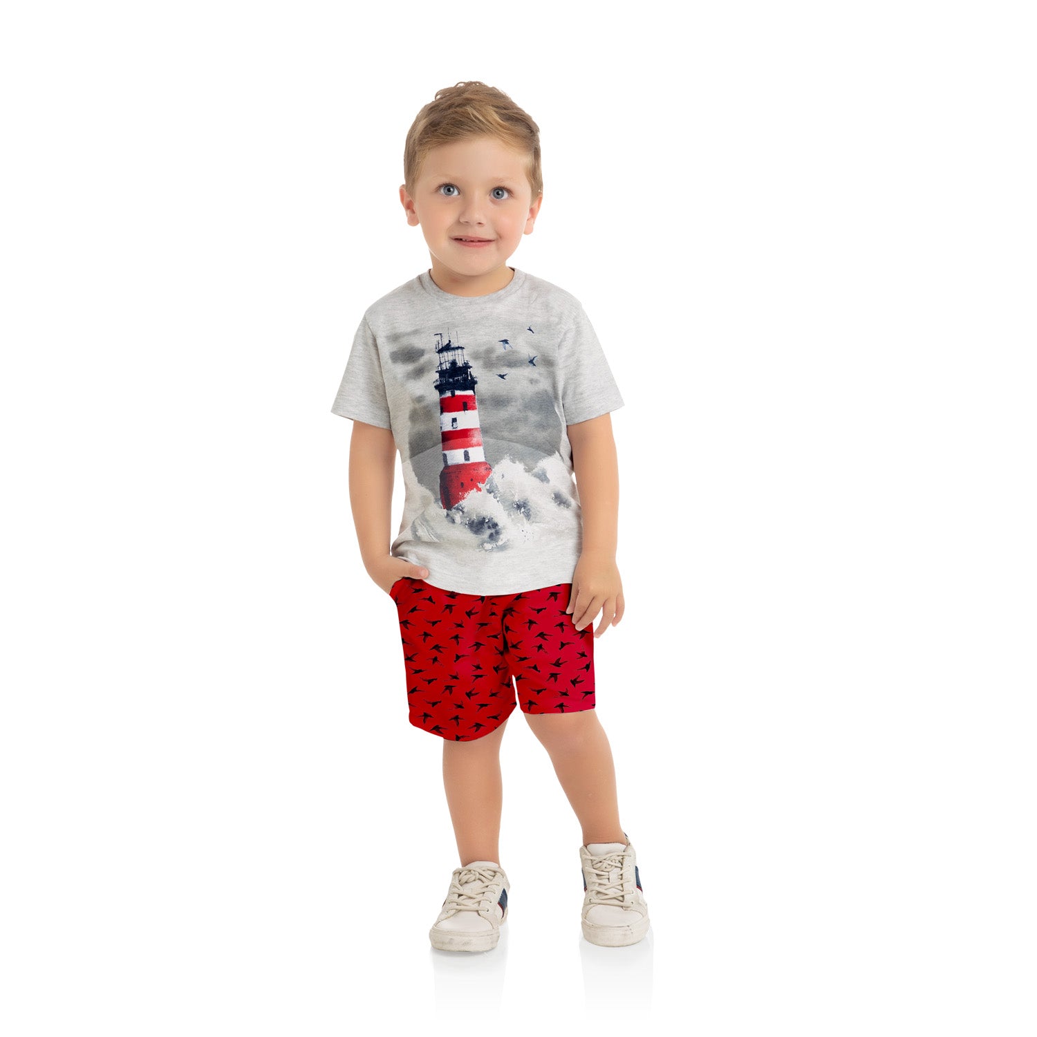 2pc Light Gray Lighthouse Tee w Red Shorts