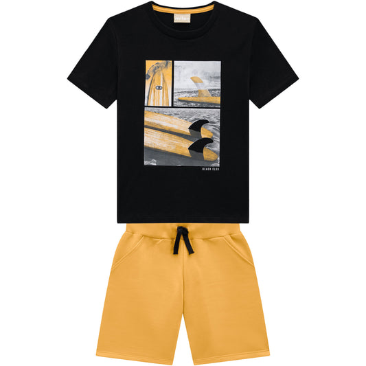 2pc Black Surfboard Tee w Gold Shorts
