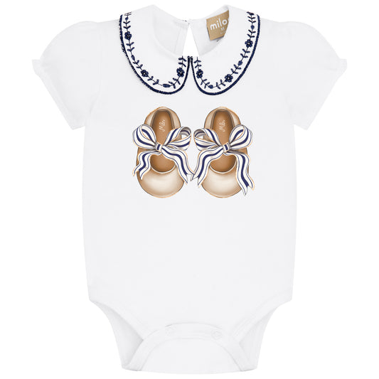 2pc White w Navy Onesie w Stripe Shorts