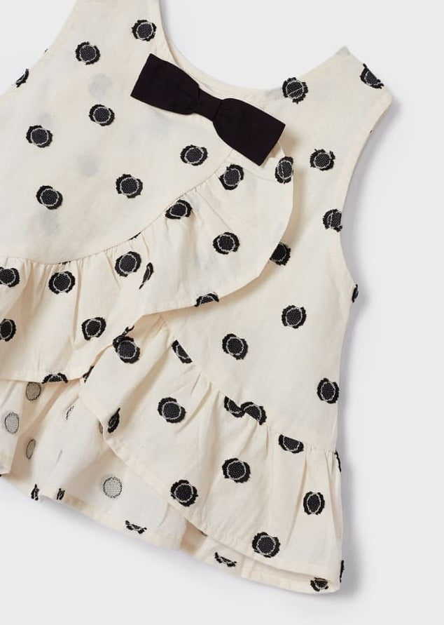 Natural/Black Dot Top w Ruffle Split Back