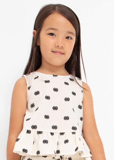 2pc Natural/Black Dot Top w Ruffle Split Back w Almond Daisy Print Short