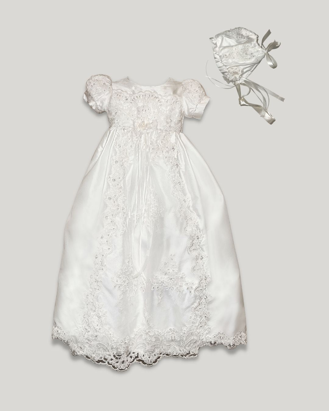 white silk christening gown Expressions Boutique NY, elegant baptism dress Long Island, embroidered silk baptism outfit, baby girl christening gown Woodbury NY, boutique christening wear, heirloom baptism dress