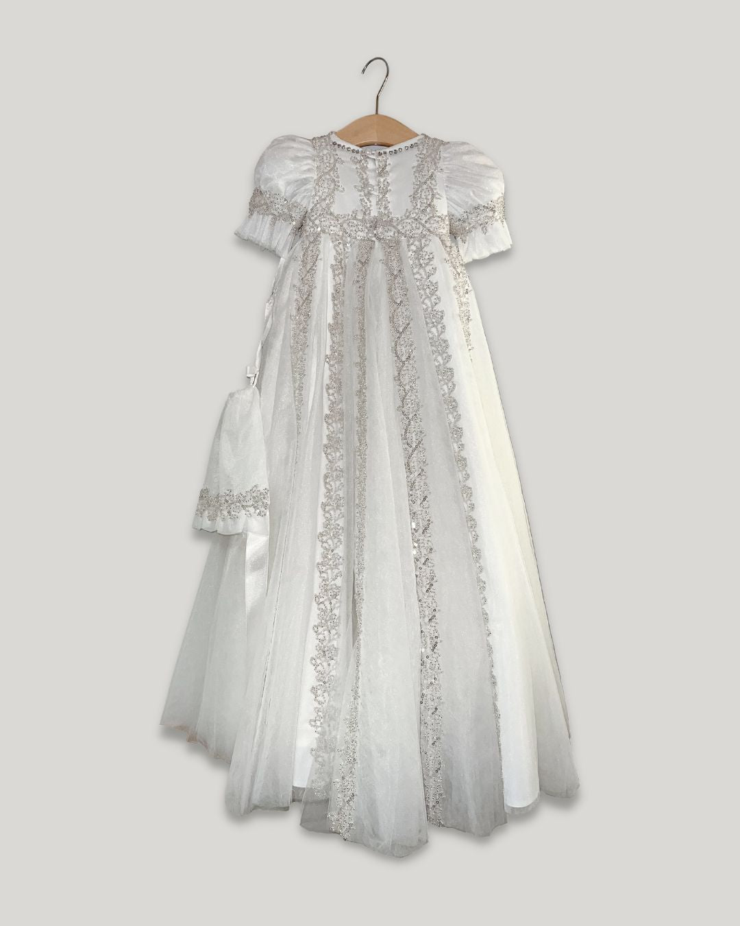 Expressions Boutique NY exclusive beaded sequin gown, ivory tulle communion dress, boutique christening gown soft tulle, sequin lace baptism dress, heirloom ivory formal gown, Expressions Boutique special occasion wear