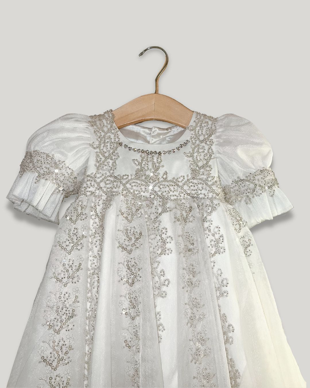 Expressions Boutique NY exclusive beaded sequin gown, ivory tulle communion dress, boutique christening gown soft tulle, sequin lace baptism dress, heirloom ivory formal gown, Expressions Boutique special occasion wear