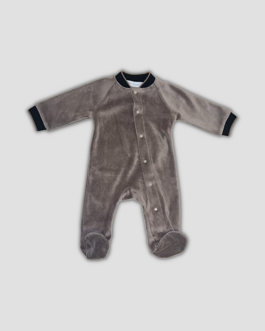 navy velour baby footie Expressions Boutique NY, soft baby sleepwear velour, unisex baby onesie luxury fabric, cozy winter newborn outfit, boutique baby footed romper navy