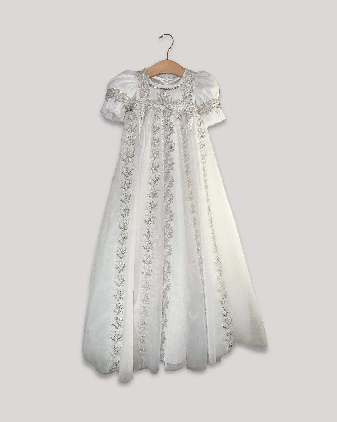 Expressions Boutique NY exclusive beaded sequin gown, ivory tulle communion dress, boutique christening gown soft tulle, sequin lace baptism dress, heirloom ivory formal gown, Expressions Boutique special occasion wear
