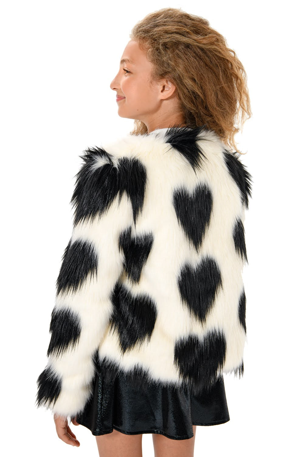 White Faux Fur Jacket with Black Hearts