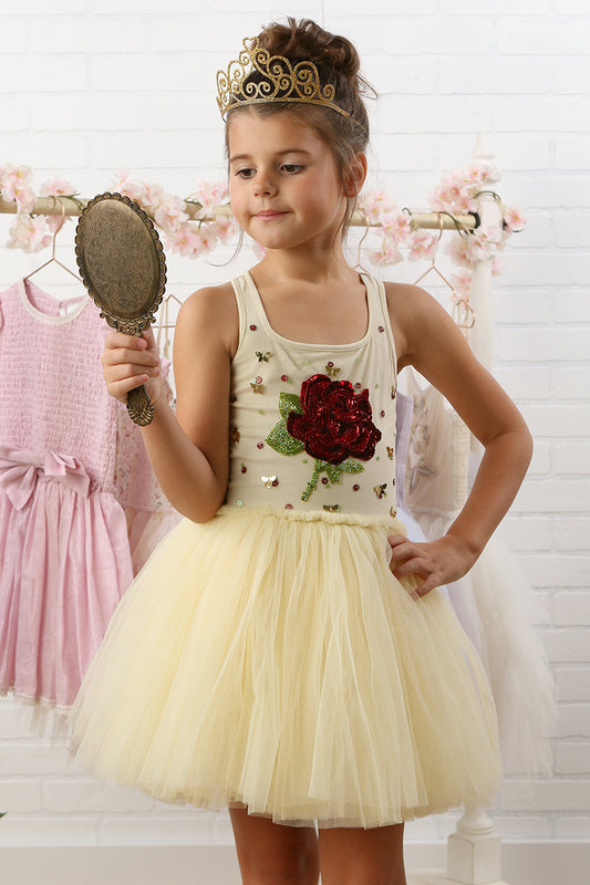 Belle Yellow Beaded Rose Tulle Dress