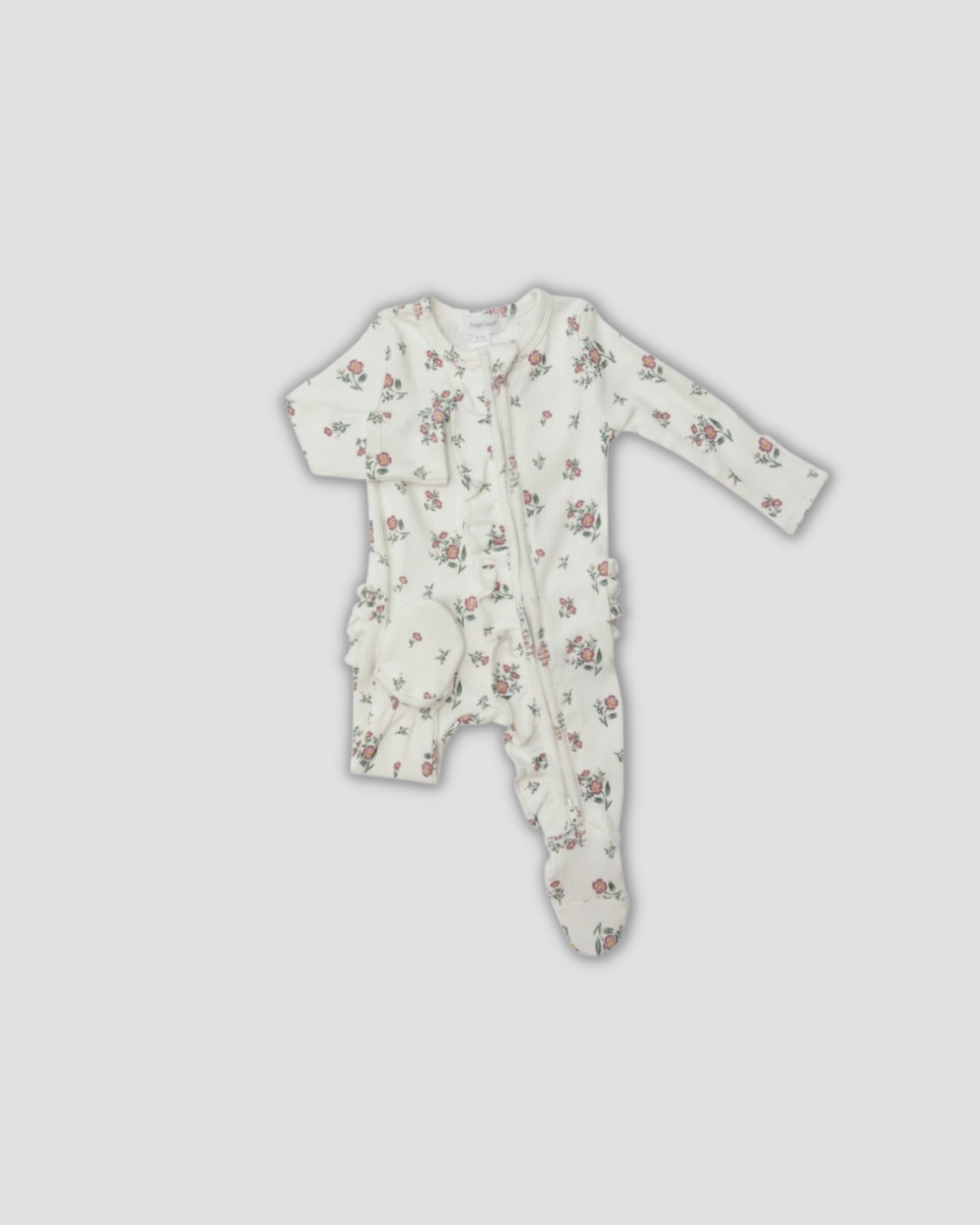 floral ruffle zipper footie Expressions Boutique NY, ditsy flower baby sleeper cotton, girls ribbed zip footie newborn boutique, ruffle baby footed onesie soft cotton, baby girl floral sleeper with matching headband