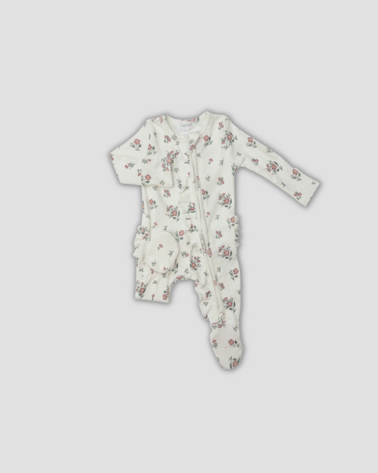 floral ruffle zipper footie Expressions Boutique NY, ditsy flower baby sleeper cotton, girls ribbed zip footie newborn boutique, ruffle baby footed onesie soft cotton, baby girl floral sleeper with matching headband
