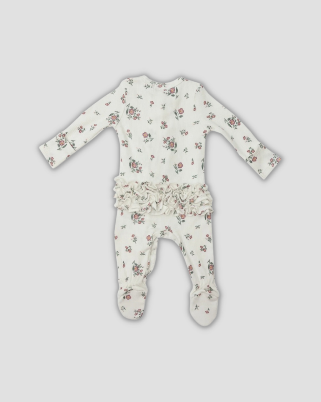 floral ruffle zipper footie Expressions Boutique NY, ditsy flower baby sleeper cotton, girls ribbed zip footie newborn boutique, ruffle baby footed onesie soft cotton, baby girl floral sleeper with matching headband
