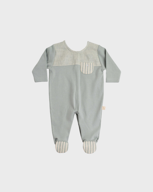 Teal Long Sleeve Footie w Striped Pocket