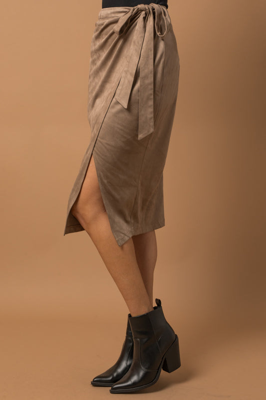 Tan Suede Wrap Midi Skirt
