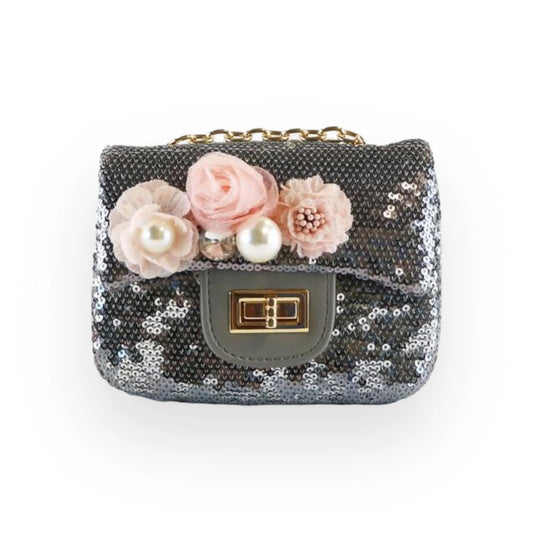 Pewter/Silver Floral Applique Sequin Purse