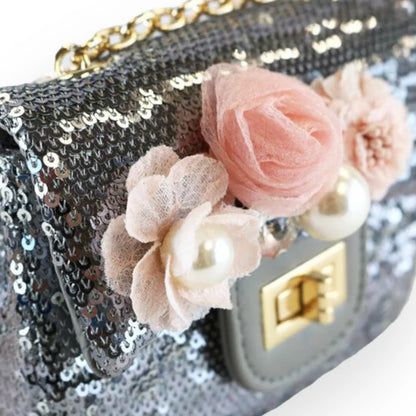 Pewter/Silver Floral Applique Sequin Purse
