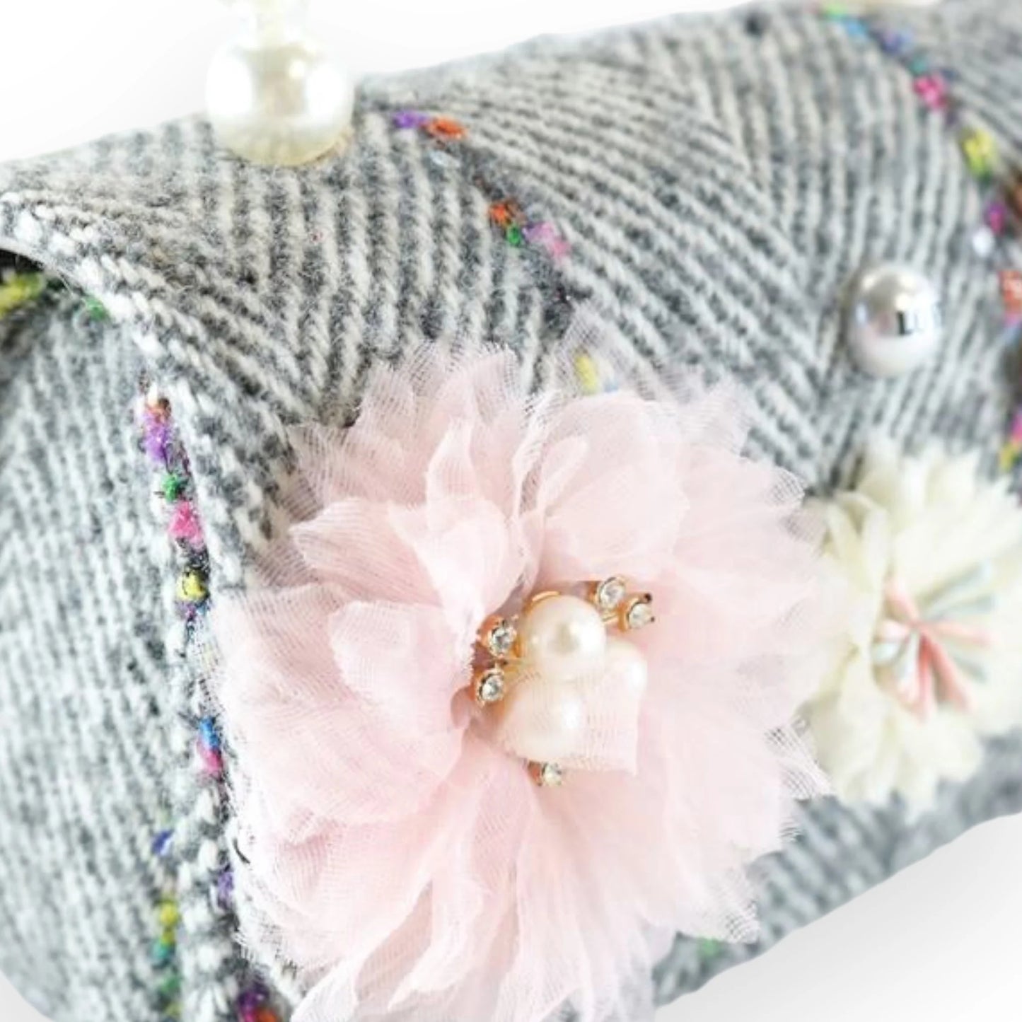 Floral Appliques Tweed Purse