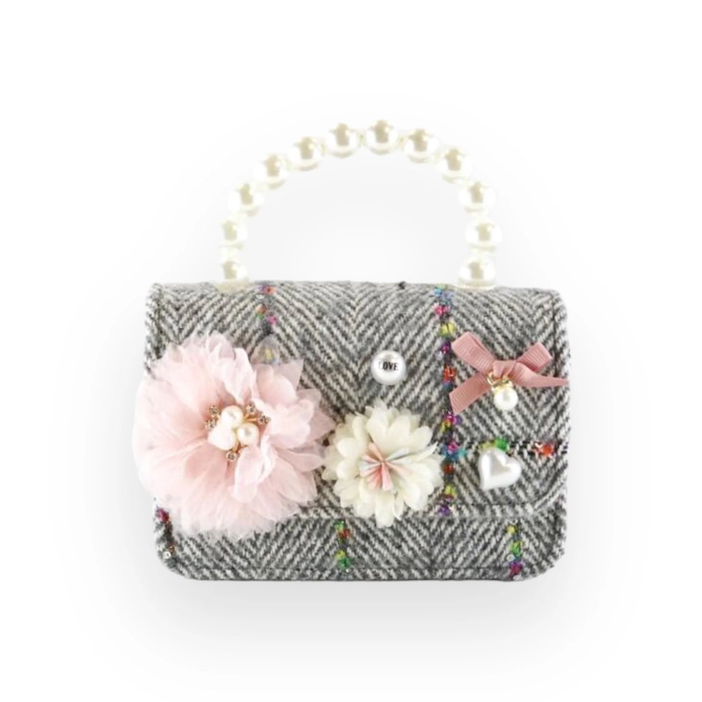 Floral Appliques Tweed Purse