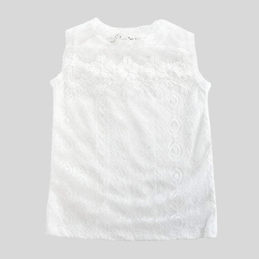 White Lace Tank w Flower and Pearl Detail on Chest