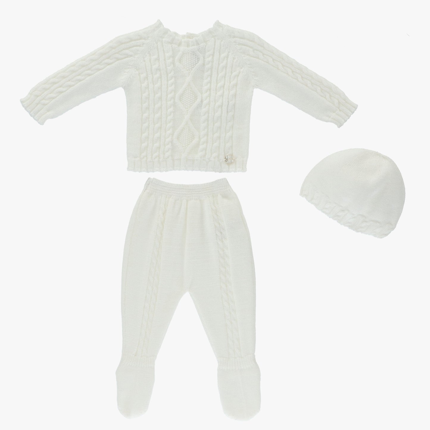 3pc White Knit Pant Set w Hat