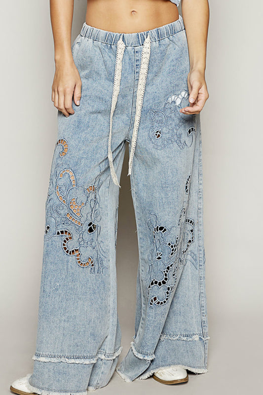 wide leg denim pants, vintage wash jeans, cutout embroidered denim, boho festival pants, women’s wide leg twill bottoms, boutique denim trousers, boho jeans outfit, relaxed fit denim pants