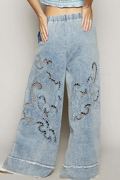 Pol, wide leg denim pants, vintage wash jeans, cutout embroidered denim, boho festival pants, women’s wide leg twill bottoms, boutique denim trousers, boho jeans outfit, relaxed fit denim pants
