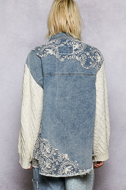 denim lace patch button up, contrast twill denim shirt, embroidered denim jacket, lace detail denim top, oversized denim button down, boho chic denim shirt, boutique denim top women, cable knit sleeve denim shirt, western lace denim top, statement denim blouse, casual chic denim shirt, embroidered denim outerwear