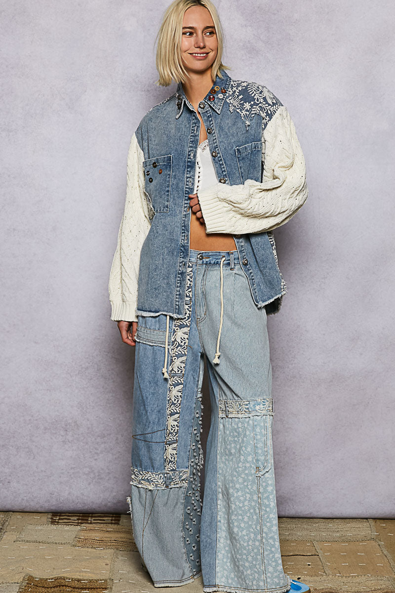 denim lace patch button up, contrast twill denim shirt, embroidered denim jacket, lace detail denim top, oversized denim button down, boho chic denim shirt, boutique denim top women, cable knit sleeve denim shirt, western lace denim top, statement denim blouse, casual chic denim shirt, embroidered denim outerwear