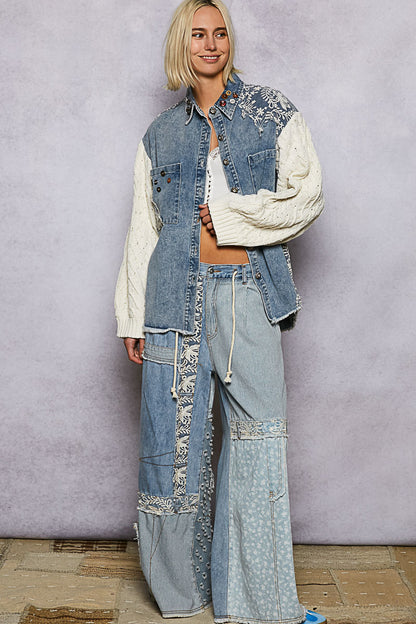 denim lace patch button up, contrast twill denim shirt, embroidered denim jacket, lace detail denim top, oversized denim button down, boho chic denim shirt, boutique denim top women, cable knit sleeve denim shirt, western lace denim top, statement denim blouse, casual chic denim shirt, embroidered denim outerwear
