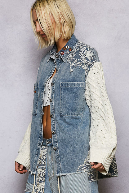 denim lace patch button up, contrast twill denim shirt, embroidered denim jacket, lace detail denim top, oversized denim button down, boho chic denim shirt, boutique denim top women, cable knit sleeve denim shirt, western lace denim top, statement denim blouse, casual chic denim shirt, embroidered denim outerwear