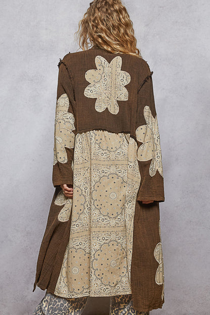 charcoal floral applique jacket, studded long jacket women, bohemian gauze coat, boutique statement jacket, oversized floral detail coat, lightweight boho chic jacket, embroidered appliqué long coat, boutique outerwear women, gauze layering jacket, long sleeve casual jacket, romantic boho outerwear, studded applique fashion jacket