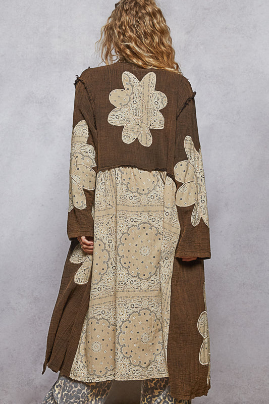 charcoal floral applique jacket, studded long jacket women, bohemian gauze coat, boutique statement jacket, oversized floral detail coat, lightweight boho chic jacket, embroidered appliqué long coat, boutique outerwear women, gauze layering jacket, long sleeve casual jacket, romantic boho outerwear, studded applique fashion jacket