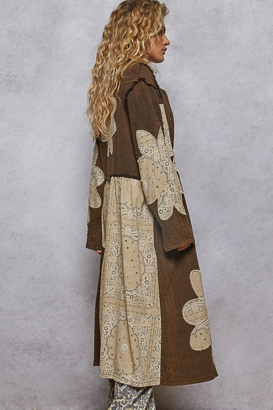 charcoal floral applique jacket, studded long jacket women, bohemian gauze coat, boutique statement jacket, oversized floral detail coat, lightweight boho chic jacket, embroidered appliqué long coat, boutique outerwear women, gauze layering jacket, long sleeve casual jacket, romantic boho outerwear, studded applique fashion jacket