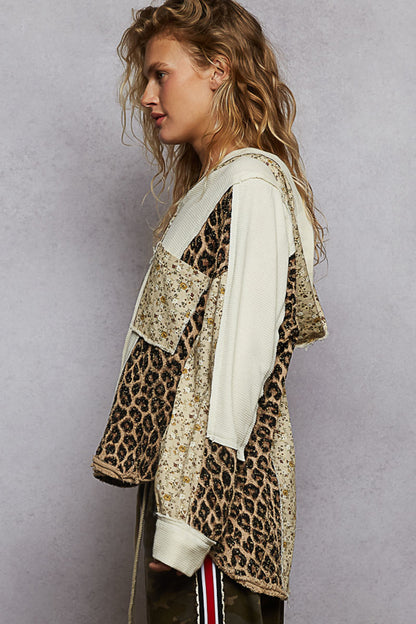 women’s thermal hoodie, contrast knit top, boho hoodie, leopard floral patch top, casual fall knit, boutique hooded top, relaxed fit thermal, cream mixed print pullover