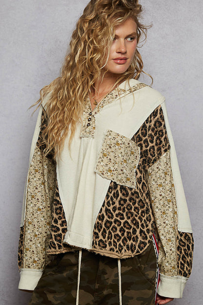 women’s thermal hoodie, contrast knit top, boho hoodie, leopard floral patch top, casual fall knit, boutique hooded top, relaxed fit thermal, cream mixed print pullover