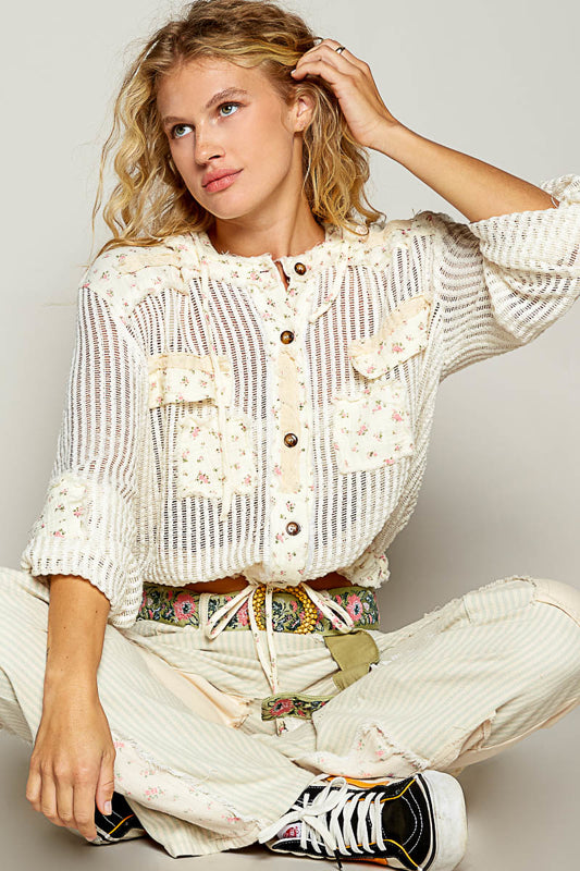 women’s crochet jacket, off white crochet jacket, floral trim jacket, lightweight boho cardigan, boutique crochet hoodie, floral crochet outerwear, spring summer layering jacket, casual women’s crochet top, trendy boutique crochet jacket, feminine boho jacket