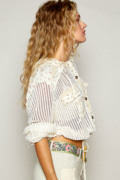 women’s crochet jacket, off white crochet jacket, floral trim jacket, lightweight boho cardigan, boutique crochet hoodie, floral crochet outerwear, spring summer layering jacket, casual women’s crochet top, trendy boutique crochet jacket, feminine boho jacket
