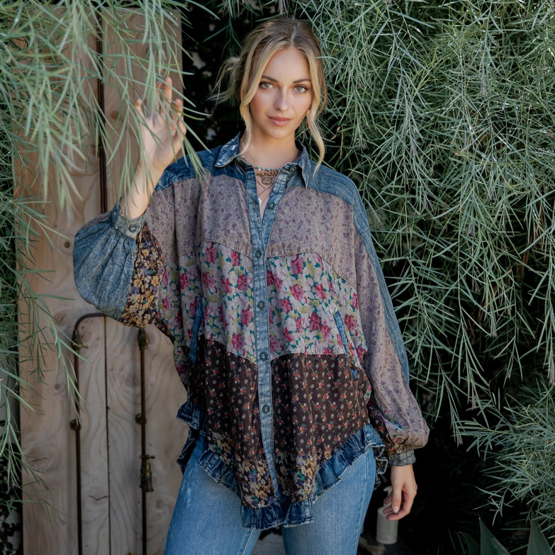 patchwork denim floral blouse Expressions Boutique NY, boho denim top women, floral mixed print button-down, boutique bohemian shirt, vintage-inspired denim patch blouse