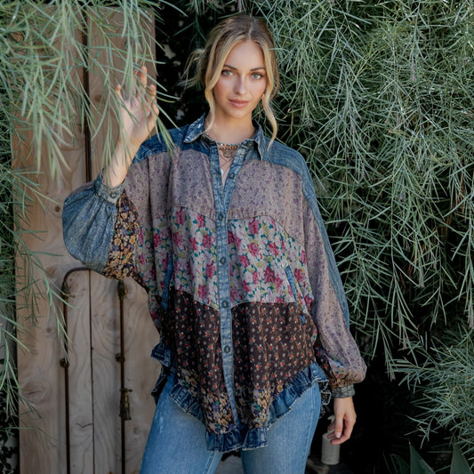 patchwork denim floral blouse Expressions Boutique NY, boho denim top women, floral mixed print button-down, boutique bohemian shirt, vintage-inspired denim patch blouse