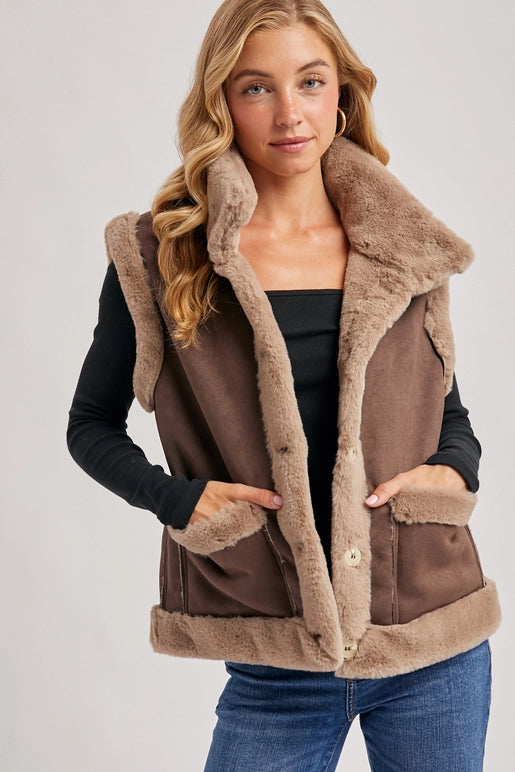 faux suede shearling vest, women’s winter layering vest, boutique cozy faux fur vest, shearling trim suede vest women, chic brown faux suede vest, rustic fall layering vest, boutique winter outfit topper, faux shearling lined vest, casual chic fall vest, boutique women’s outerwear vest