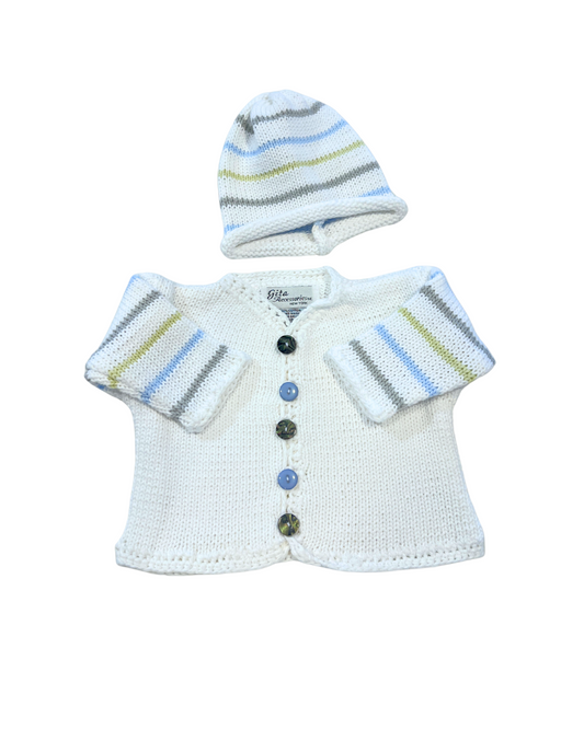 boutique baby sweater set, white pastel stripe baby knit outfit, newborn boy girl sweater Expressions Boutique NY, pastel stripe baby shower gift, heirloom cotton knit baby outfit, boutique baby clothes neutral, newborn sweater with hat set, pastel baby knitwear for spring, boutique unisex baby clothing, cotton knit baby girl boy outfit