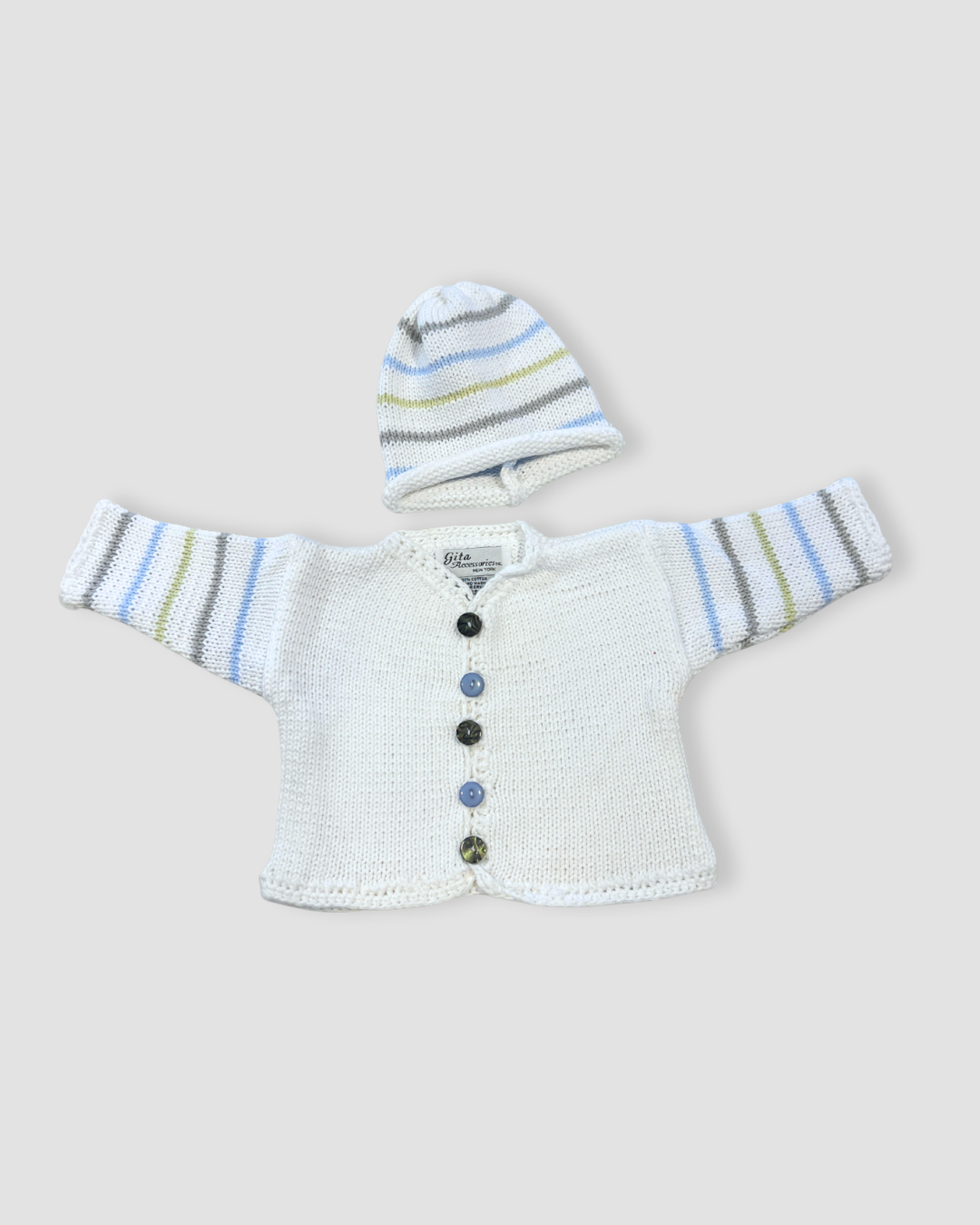 boutique baby sweater set, white pastel stripe baby knit outfit, newborn boy girl sweater Expressions Boutique NY, pastel stripe baby shower gift, heirloom cotton knit baby outfit, boutique baby clothes neutral, newborn sweater with hat set, pastel baby knitwear for spring, boutique unisex baby clothing, cotton knit baby girl boy outfit