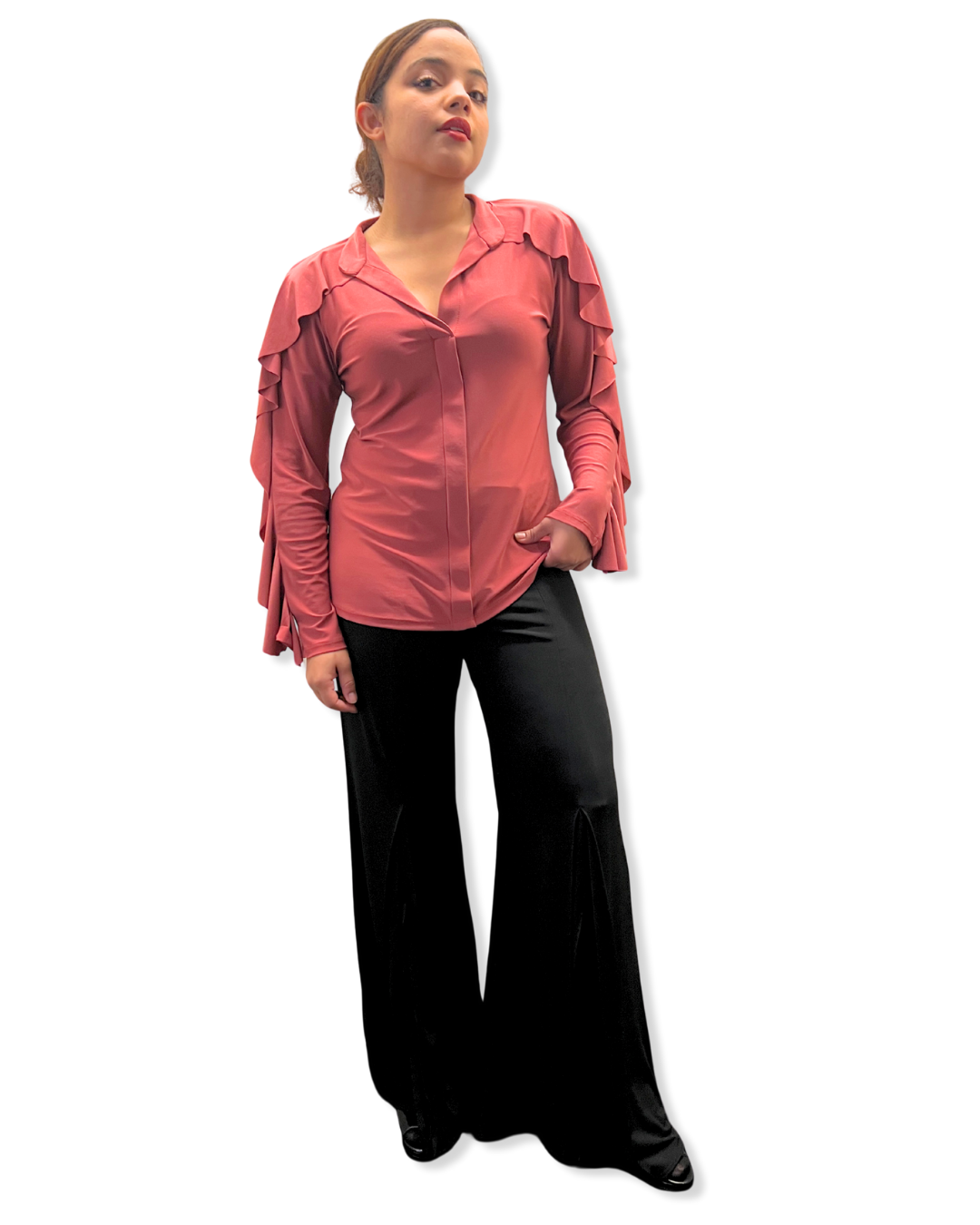 ruffle sleeve top Expressions Boutique NY, long sleeve blouse with v neckline, women’s ruffle detail shirt, dusty rose dressy top, boutique feminine blouse