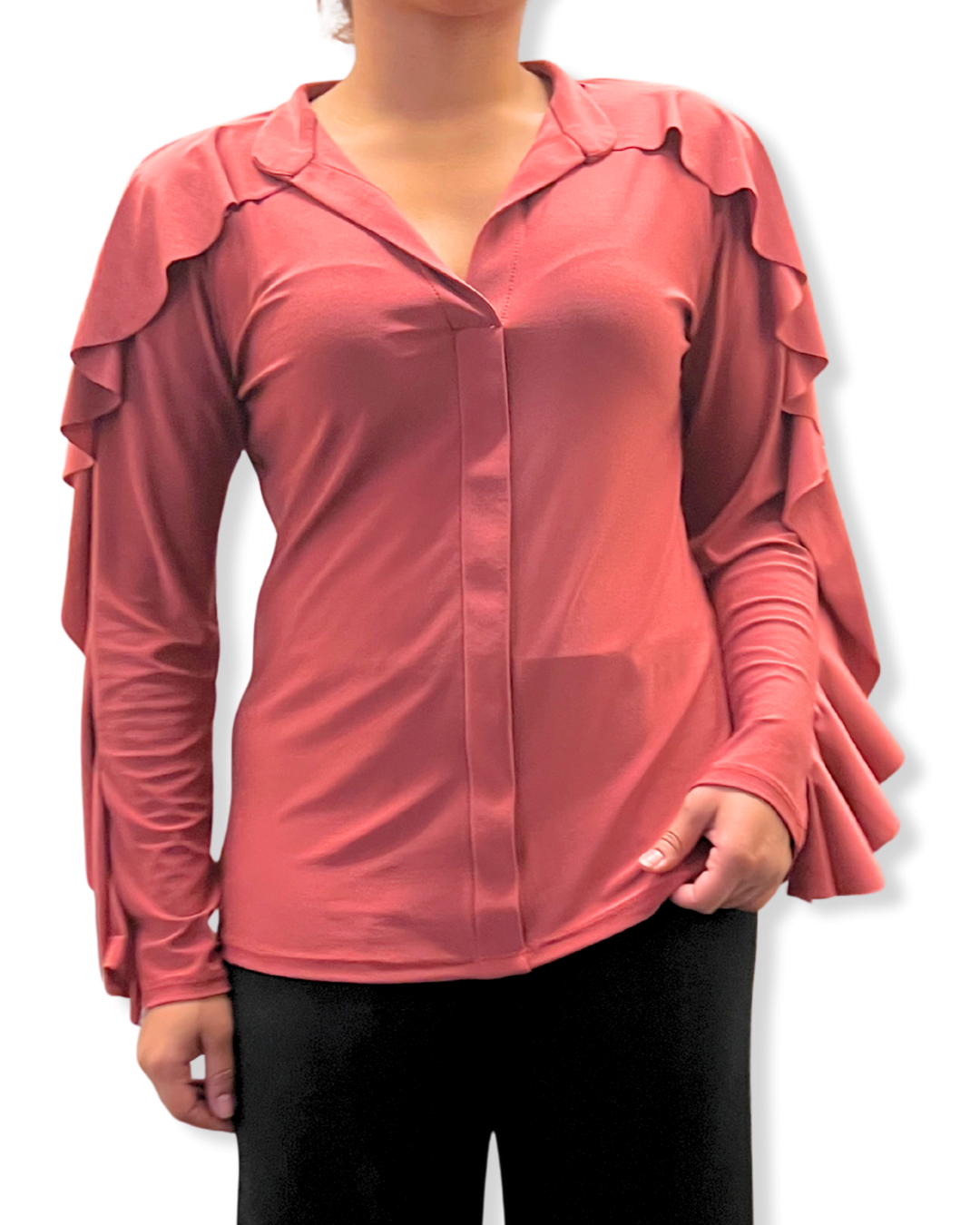 ruffle sleeve top Expressions Boutique NY, long sleeve blouse with v neckline, women’s ruffle detail shirt, dusty rose dressy top, boutique feminine blouse