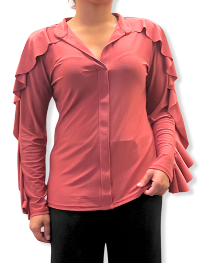 ruffle sleeve top Expressions Boutique NY, long sleeve blouse with v neckline, women’s ruffle detail shirt, dusty rose dressy top, boutique feminine blouse