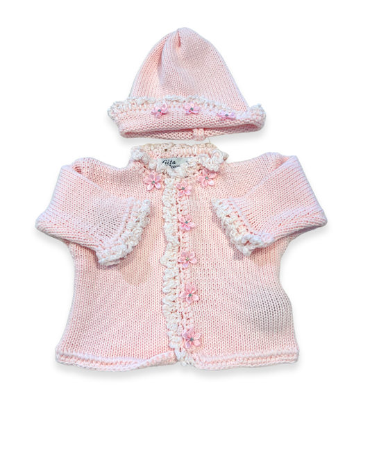 boutique baby girl sweater set, pink chenille ruffle baby outfit Expressions Boutique NY, rhinestone flower baby sweater hat, cotton knit baby girl cardigan set, heirloom baby clothes pink, boutique newborn girl outfit, special occasion baby girl knitwear, luxury baby shower gift girl, boutique knitwear for babies, baby girl cotton sweater hat set