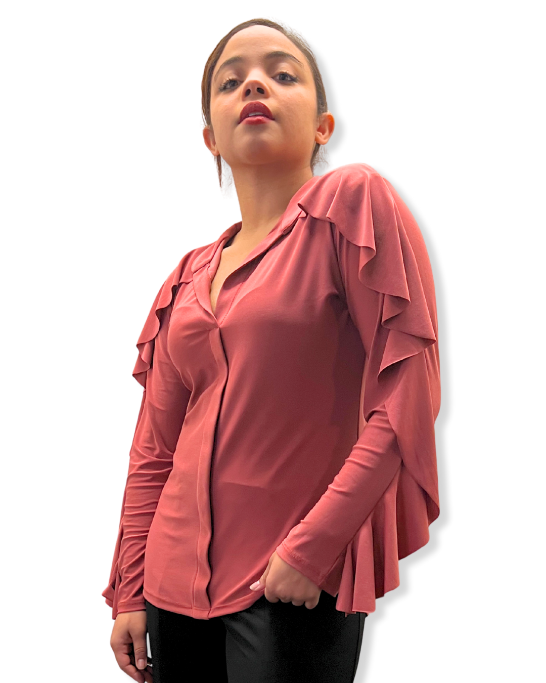 ruffle sleeve top Expressions Boutique NY, long sleeve blouse with v neckline, women’s ruffle detail shirt, dusty rose dressy top, boutique feminine blouse