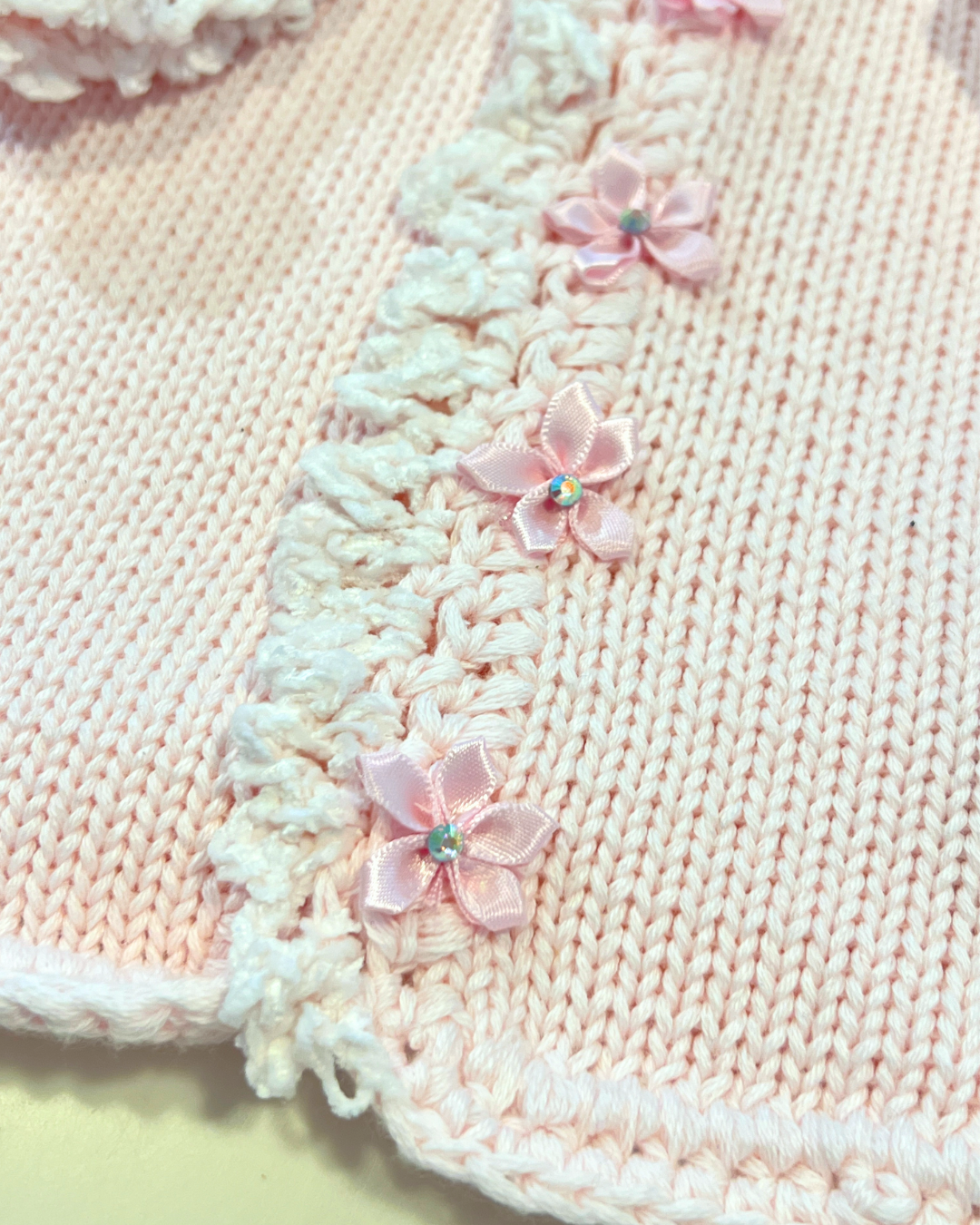 boutique baby girl sweater set, pink chenille ruffle baby outfit Expressions Boutique NY, rhinestone flower baby sweater hat, cotton knit baby girl cardigan set, heirloom baby clothes pink, boutique newborn girl outfit, special occasion baby girl knitwear, luxury baby shower gift girl, boutique knitwear for babies, baby girl cotton sweater hat set