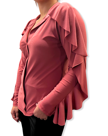 ruffle sleeve top Expressions Boutique NY, long sleeve blouse with v neckline, women’s ruffle detail shirt, dusty rose dressy top, boutique feminine blouse