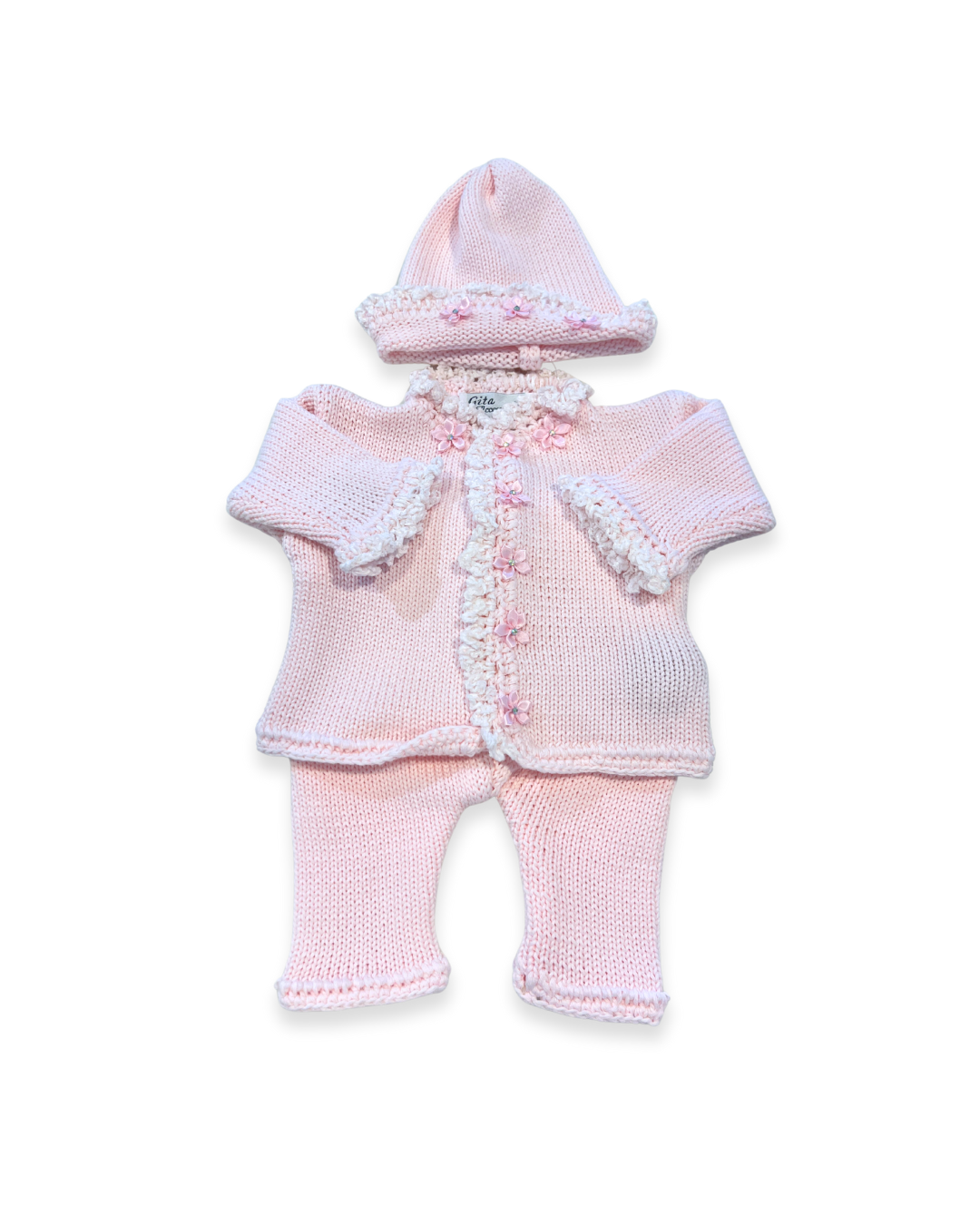 boutique baby girl sweater set, pink chenille ruffle baby outfit Expressions Boutique NY, rhinestone flower baby sweater hat, cotton knit baby girl cardigan set, heirloom baby clothes pink, boutique newborn girl outfit, special occasion baby girl knitwear, luxury baby shower gift girl, boutique knitwear for babies, baby girl cotton sweater hat set