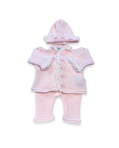 boutique baby girl sweater set, pink chenille ruffle baby outfit Expressions Boutique NY, rhinestone flower baby sweater hat, cotton knit baby girl cardigan set, heirloom baby clothes pink, boutique newborn girl outfit, special occasion baby girl knitwear, luxury baby shower gift girl, boutique knitwear for babies, baby girl cotton sweater hat set